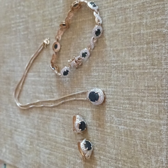 Marcasite Onyx Gold Plated 925 Necklace Bracelet Earrings Set - Picture 1 of 16